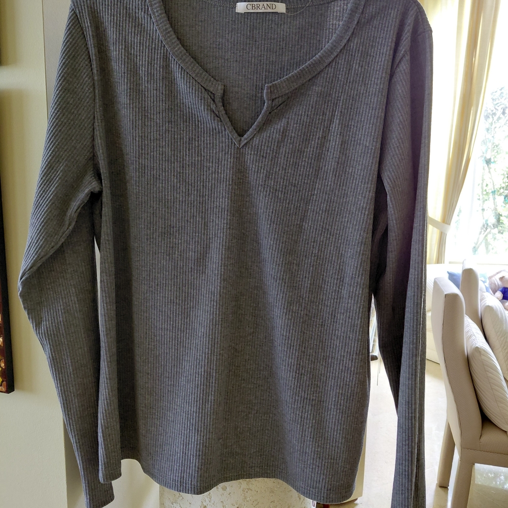 CBrand Ribbed Long-Sleeve V-Neck Top — Slate Gray